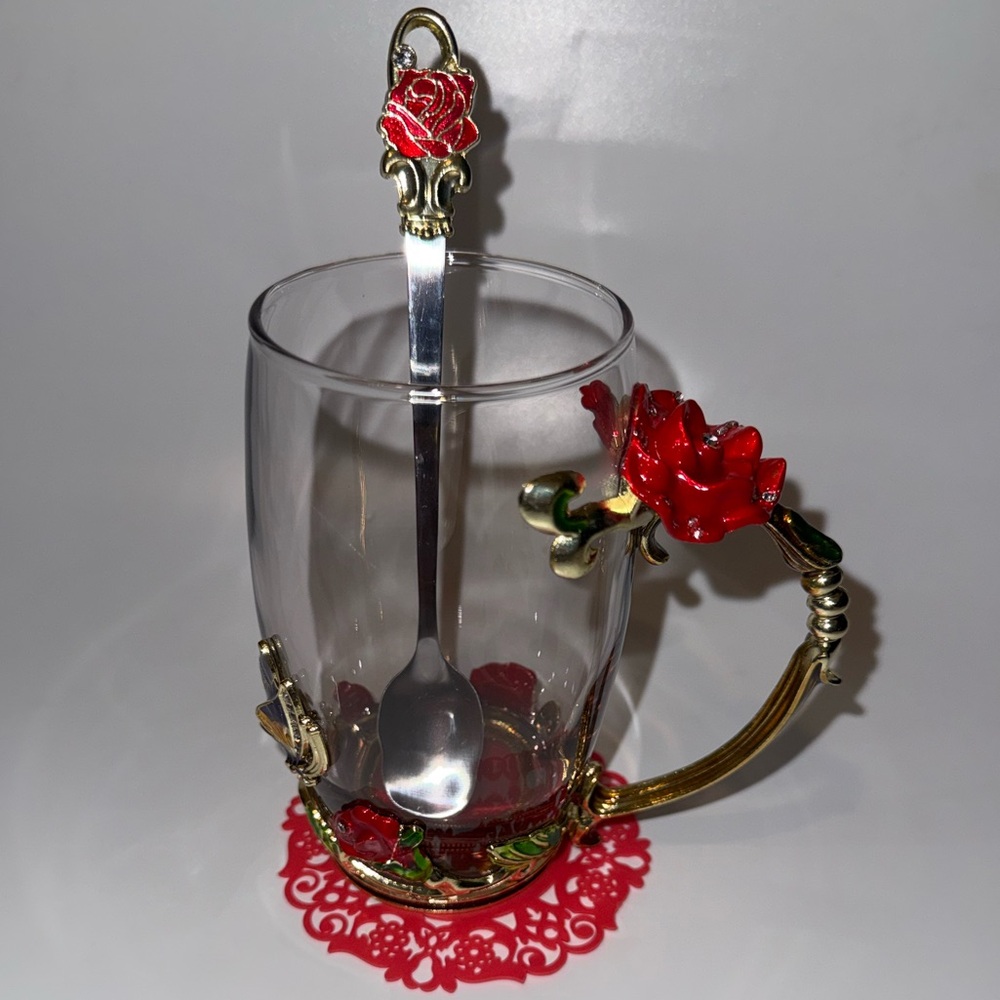 Glass Tea Mug with Red Rose Accent and Decorative Spoon